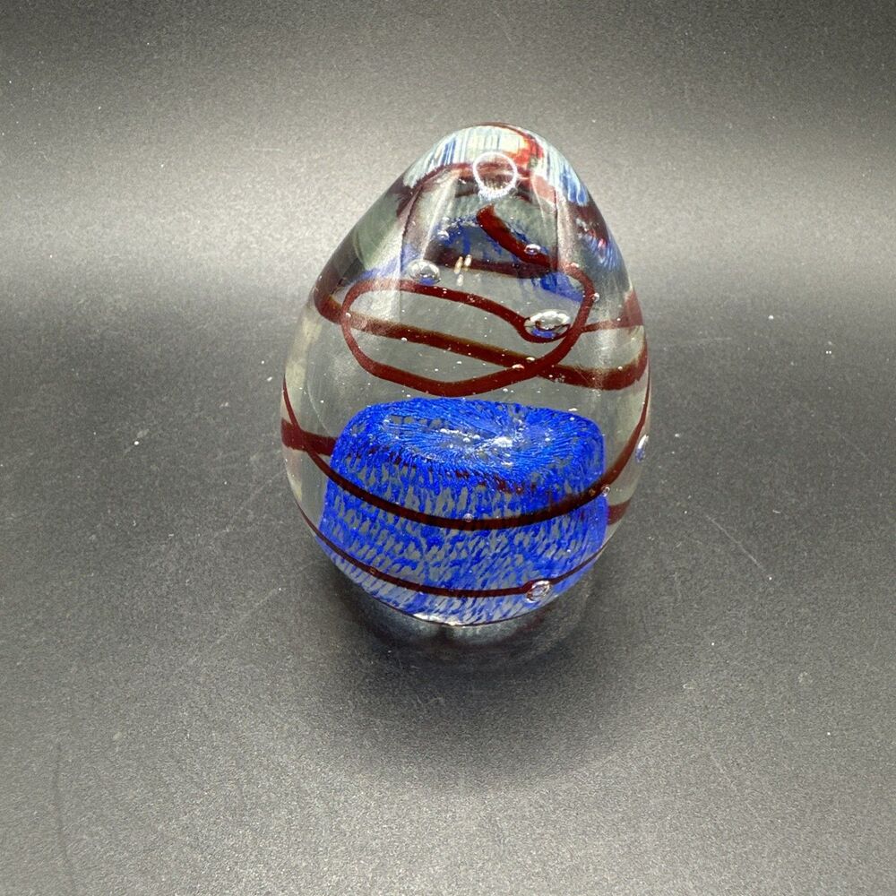 Vintage Glass Red Swirls and Blue Marshmallow Egg Shaped Paperweight 3" Tall
